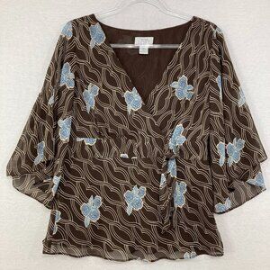 Vintage Ann Taylor LOFT size 12 Brown Blue Floral Wrap Babydoll Y2K Belted Top